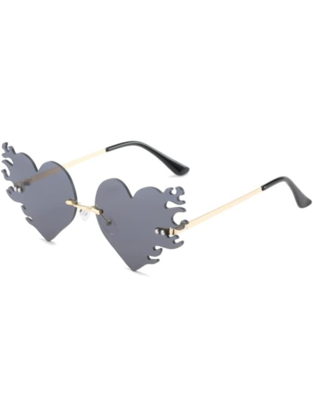 Women's Black Trendy Rimless Melting Heart Fire Flame Novelty Sunglasses